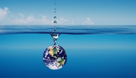 Earth planet sinking in water. Global warming and climate change concept.の素材