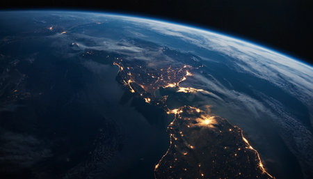 Night view of planet Earth from space. Elements of this image furnished by NASAの素材