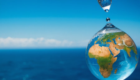 Water drop falling on planet Earth with blue sky and sea background.の素材