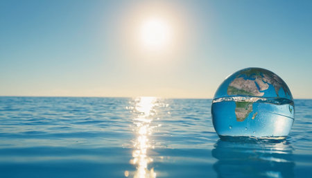 Globe in water with sun on the background. Concept of global warming.の素材