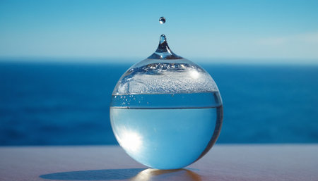 Water drop on a glass with blue sea and sky in the backgroundの素材