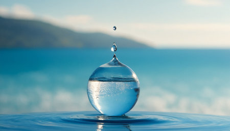 Water drop close-up on a background of blue sea and skyの素材