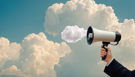 Close up of businesswoman hand holding megaphone with cloud in skyの素材