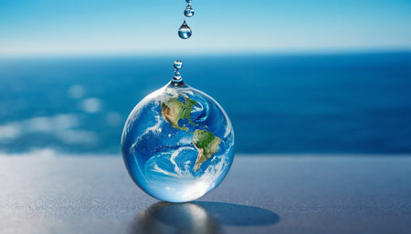 Conceptual image of a drop of water falling on the globeの素材