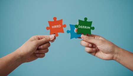 Hands connecting jigsaw puzzle pieces with word HAPPY NEW YEARの素材