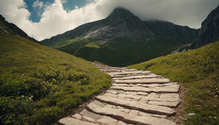 Stone path in the mountains. Footpath in the mountains of the Caucasus.の素材