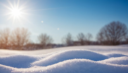 Winter landscape with snowdrift and sun. Shallow depth of field.の素材