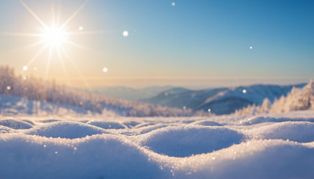 Beautiful winter landscape with snowdrifts and sun in the skyの素材