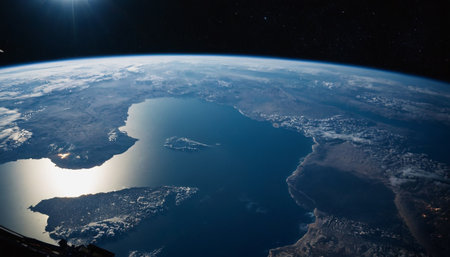 View of the planet Earth from space during a sunrise 3D renderingの素材