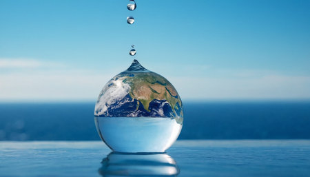 Earth planet in water with water drops and blue sky background. Global warming conceptの素材