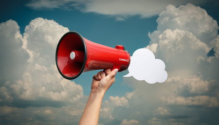 Hand holding megaphone with cloud speech bubble on blue sky backgroundの素材
