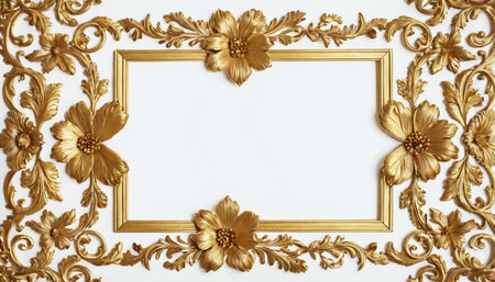 golden frame with flowers on a white background, close-upの素材
