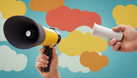 Digital composite of Hand holding megaphone with colorful clouds and skyの素材