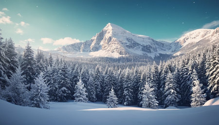 Winter landscape with snowy fir trees in mountains. Panoramic viewの素材
