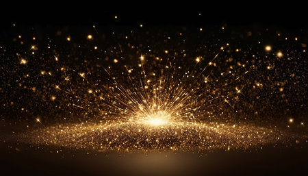 golden sparkles and glitter particles on black background - abstract graphic designの素材