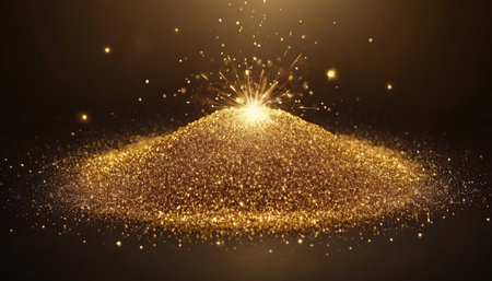 Gold glittering particles and sparkles on black background. 3d renderingの素材