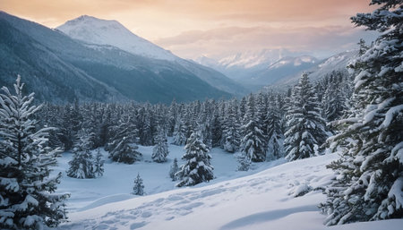 Beautiful winter landscape with snow covered fir trees and mountains at sunsetの素材