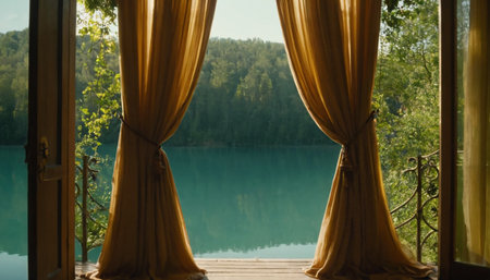 Beautiful view of the lake through the curtains in the summer.の素材