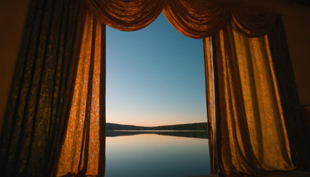 Curtains on the lake at sunset. View through the windowの素材
