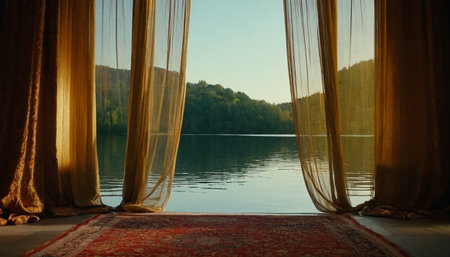 view of the lake through the yellow curtains on a sunny day.の素材