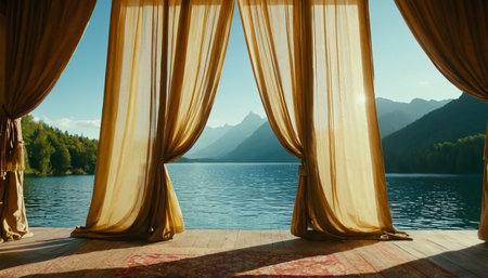 Beautiful view of lake and mountains through curtains. Toned.の素材