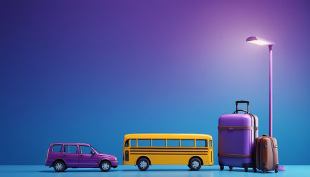 Vacation and travel concept. Luggage and bus on blue backgroundの素材