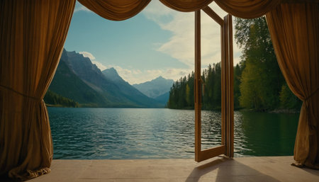 Beautiful view from the window to the lake and mountains. Beautiful mountain landscapeの素材