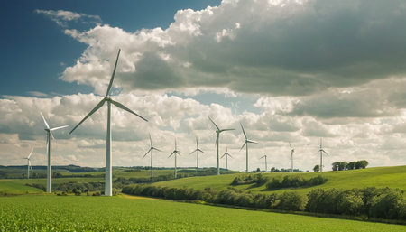 Wind turbines in a field with blue sky and white clouds in the backgroundの素材