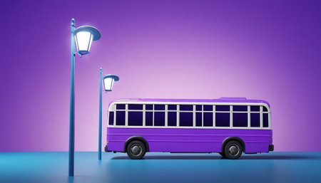 Purple bus with street lamp on purple background. 3D renderingの素材