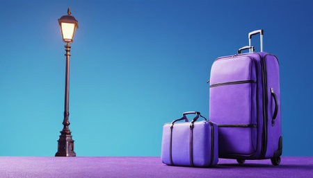 Purple travel suitcases and a street lamp on a purple backgroundの素材