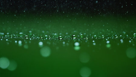 Water drops on green background. Raindrops on the glass surface.の素材