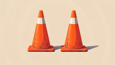 Two orange traffic cones with shadow on a light background. Vector illustrationの素材