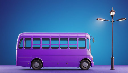 Purple bus on a blue background with a street lamp. 3d renderingの素材