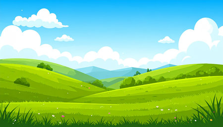 Beautiful summer landscape with green meadow and mountains. Vector illustrationの素材