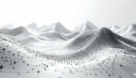 3D rendering of abstract digital landscape with flowing particles. Network connection structure.の素材