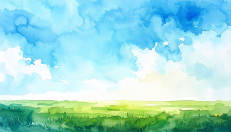 Watercolor summer landscape with blue sky and clouds. Vector illustration.の素材