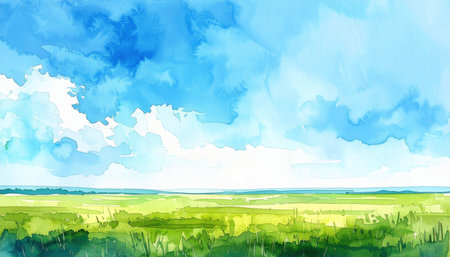 Watercolor illustration of green field and blue sky with white clouds.の素材