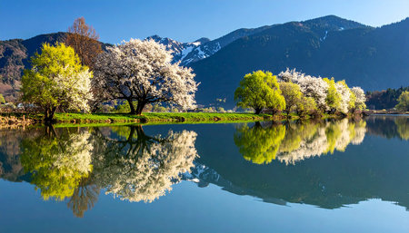 Alpine spring landscape with blooming trees and reflection on lake.の素材
