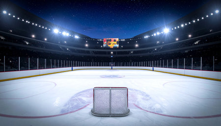 Hockey arena with puck and goal at night, hockey sport backgroundの素材