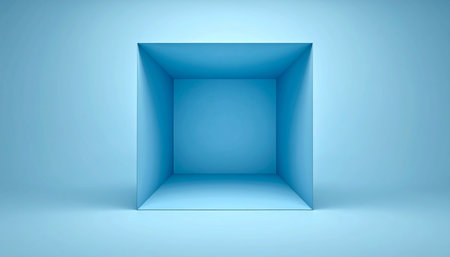 3D rendering of a blue square box on a blue background.の素材