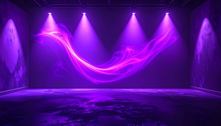 purple stage background with spotlights and smoke, 3d renderの素材