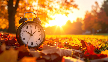 Alarm clock in the autumn park at sunset. Time concept.の素材