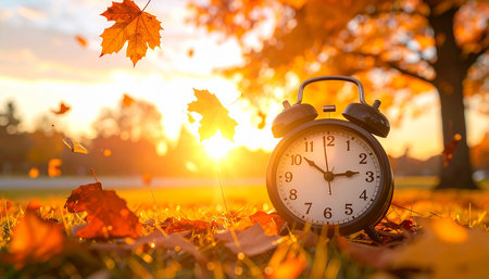 Alarm clock and autumn leaves in the park. Time concept.の素材