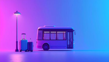 Bus with luggage. Travel concept. 3d render illustration in neon styleの素材