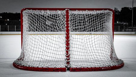 Ice hockey goal and net at night in winter, detail of sport equipmentの素材