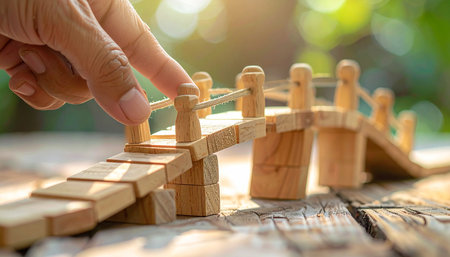 Wooden toy bridge with hand on wood background, business concept.の素材