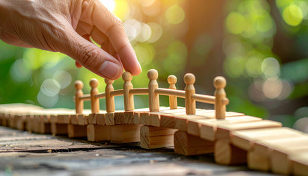 Human hand playing domino game on wooden table with green bokeh backgroundの素材