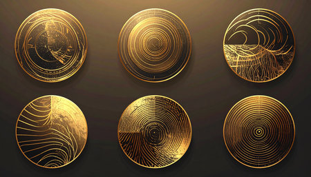 Set of gold round labels on a dark background. Vector illustration.の素材