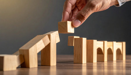 Hand of businessman placing wooden block on top of dominoes. Risk management concept.の素材