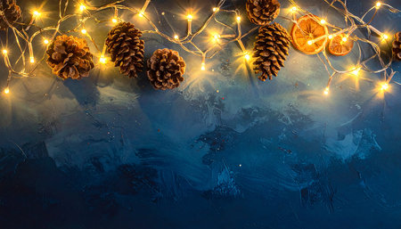 Christmas background with garland and pine cones on blue background with copy spaceの素材